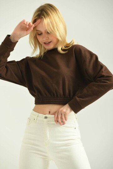 Brown Crew Neck Elastic Detailed Crop Sweatshirt