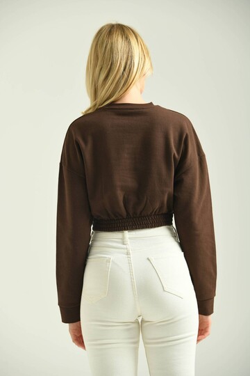 Brown Crew Neck Elastic Detailed Crop Sweatshirt
