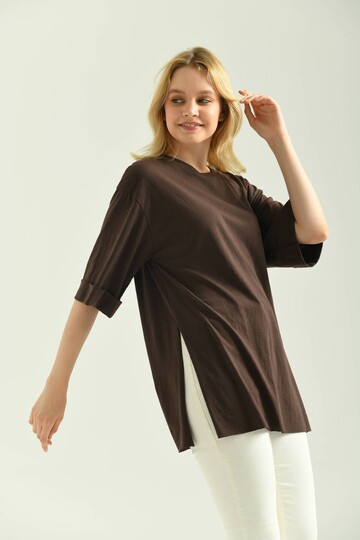 Brown Double Sleeve Wide Cut Asymmetrical Slit Knitted T-Shirt