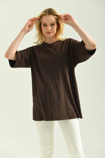 Brown Double Sleeve Wide Cut Asymmetrical Slit Knitted T-Shirt