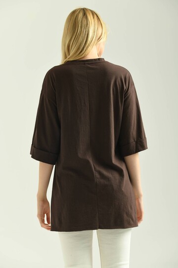 Brown Double Sleeve Wide Cut Asymmetrical Slit Knitted T-Shirt