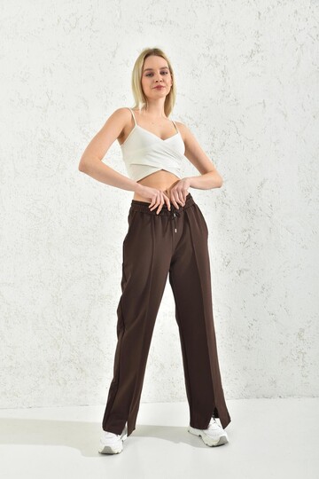 Brown Elastic Two Yarn Sweatpants With Slit Legs