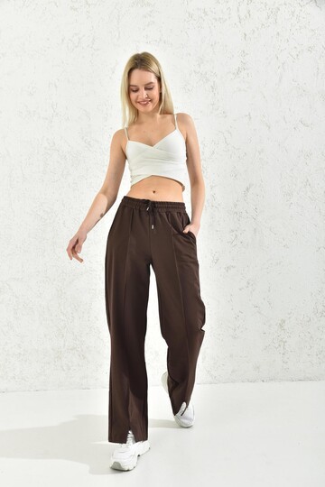Brown Elastic Two Yarn Sweatpants With Slit Legs