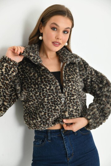 Brown Leopard Pattern Crop Plush Coat