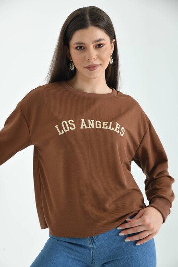 Kahverengi Los Angeles Baskılı Loose Waffle Örme Sweatshirt