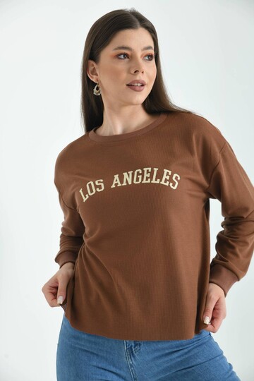 Kahverengi Los Angeles Baskılı Loose Waffle Örme Sweatshirt