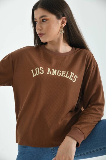 Kahverengi Los Angeles Baskılı Loose Waffle Örme Sweatshirt