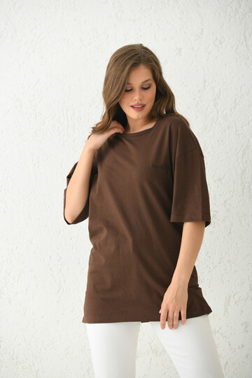 Brown Oversize Embroidery Detailed T-Shirt