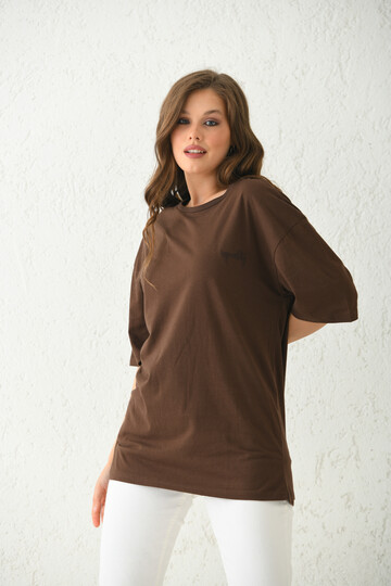 Brown Oversize Embroidery Detailed T-Shirt