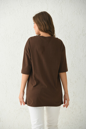 Brown Oversize Embroidery Detailed T-Shirt