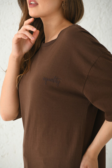Brown Oversize Embroidery Detailed T-Shirt
