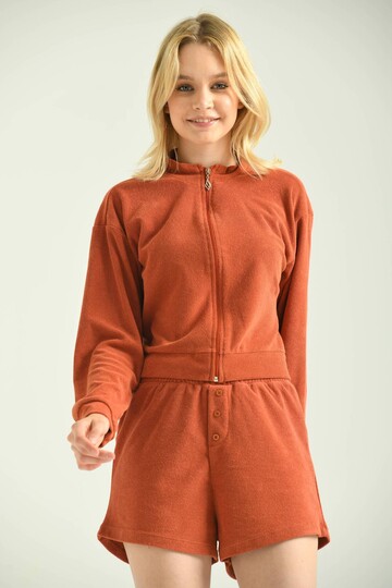 Tile Button Detailed Terry Fabric Shorts