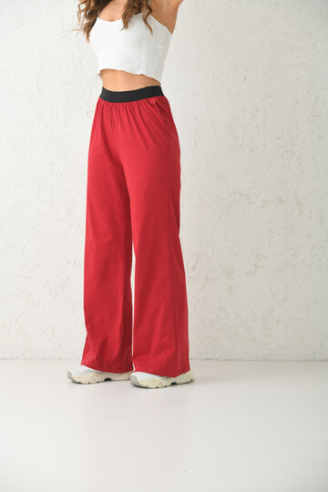 Red Waist Black Elastic Detail Straight Leg Pajama Bottoms