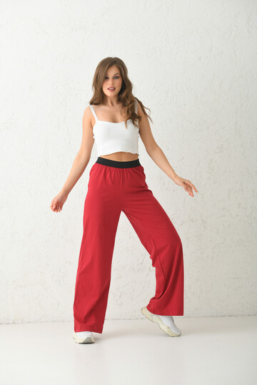 Red Waist Black Elastic Detail Straight Leg Pajama Bottoms