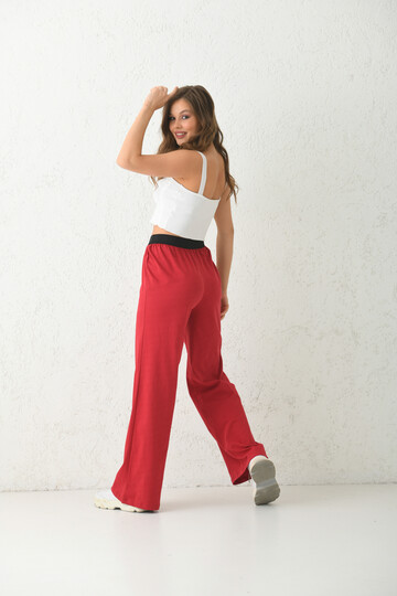 Red Waist Black Elastic Detail Straight Leg Pajama Bottoms