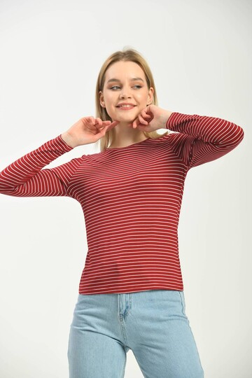 Red Knitted Long Sleeve Striped T-Shirt