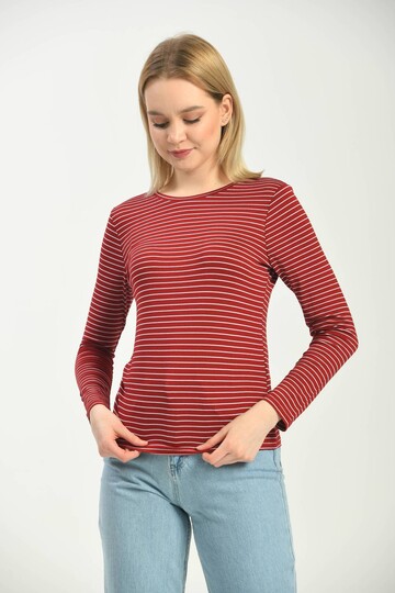 Red Knitted Long Sleeve Striped T-Shirt