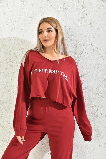 Red V-Neck Elastic Detailed Pajamas Set