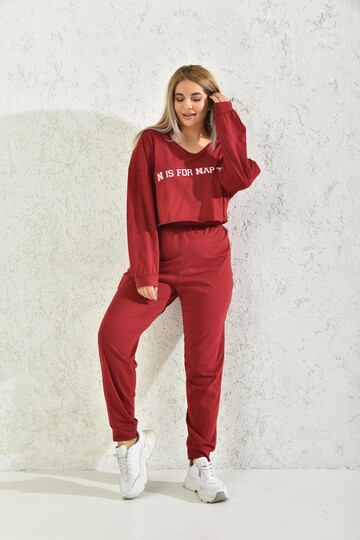 Red V-Neck Elastic Detailed Pajamas Set