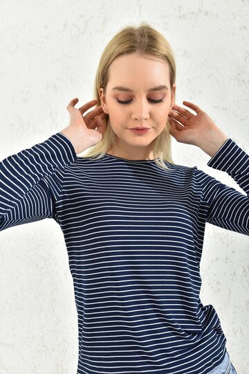 Navy Blue Crew Neck Striped Blouse