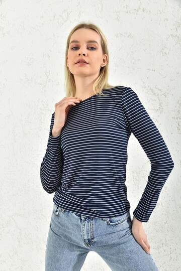 Navy Blue Crew Neck Striped Blouse