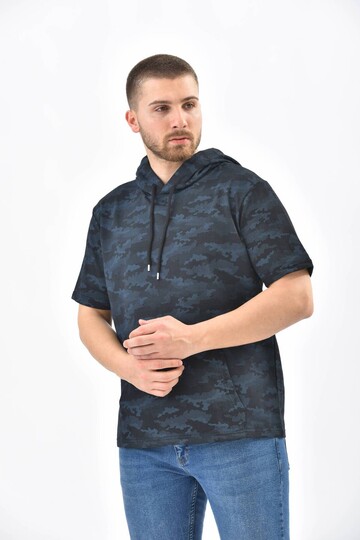 Navy Blue Camouflage Pattern Hooded Short Sleeve Sweatshirt