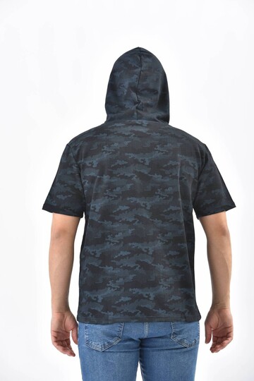 Navy Blue Camouflage Pattern Hooded Short Sleeve Sweatshirt