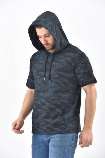 Navy Blue Camouflage Pattern Hooded Short Sleeve Sweatshirt