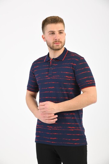Navy Blue Polo Neck Printed Short Sleeve T-Shirt