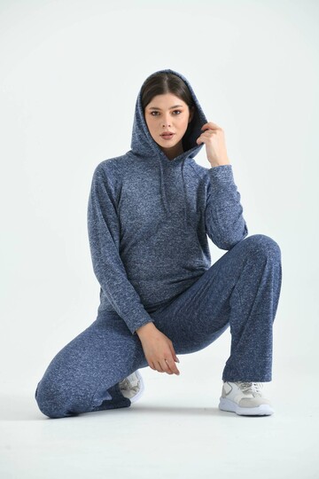 Navy Blue Knitted Hooded Pajamas Set