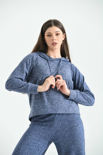 Navy Blue Knitted Hooded Pajamas Set