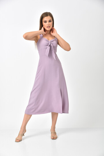 Lilac Strap Pleated Back Detail Slit Dress