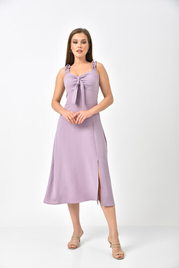 Lilac Strap Pleated Back Detail Slit Dress