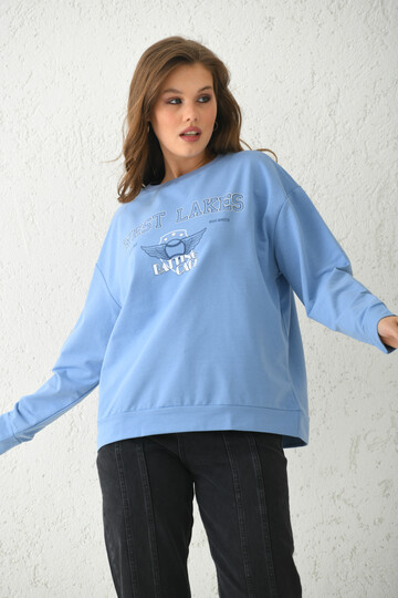 Mavi Baskı Detaylı Örme Sweatshirt 