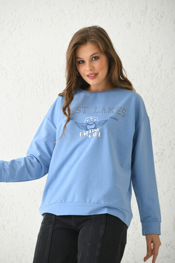 Mavi Baskı Detaylı Örme Sweatshirt 