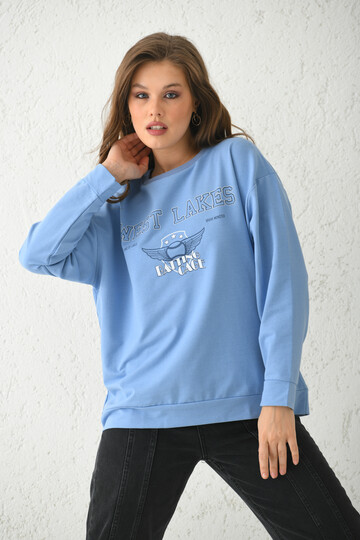 Mavi Baskı Detaylı Örme Sweatshirt 