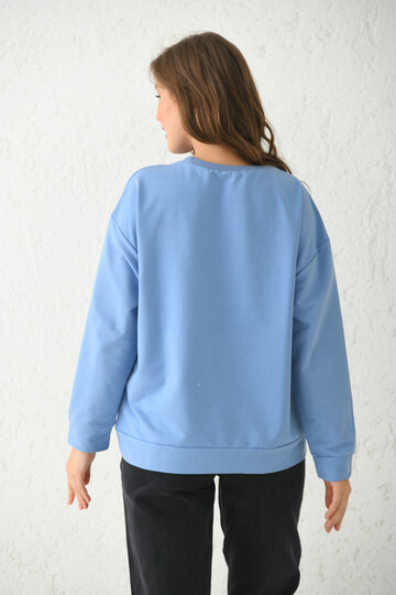 Mavi Baskı Detaylı Örme Sweatshirt 