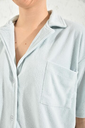 Blue Terry Fabric Shirt Collar Blouse