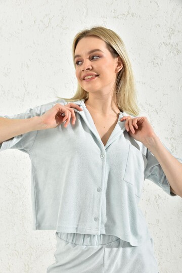 Blue Terry Fabric Shirt Collar Blouse