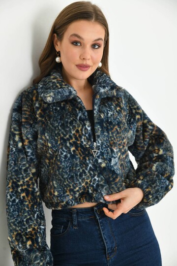 Blue Leopard Pattern Crop Plush Coat