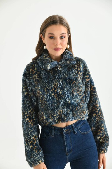 Blue Leopard Pattern Crop Plush Coat