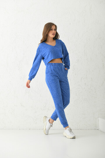 Mavi Yumoş Örme Kumaş Pijama Takımı