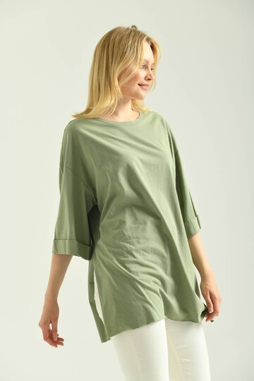 Mint Double Sleeve Wide Cut Asymmetrical Slit Knitted T-Shirt