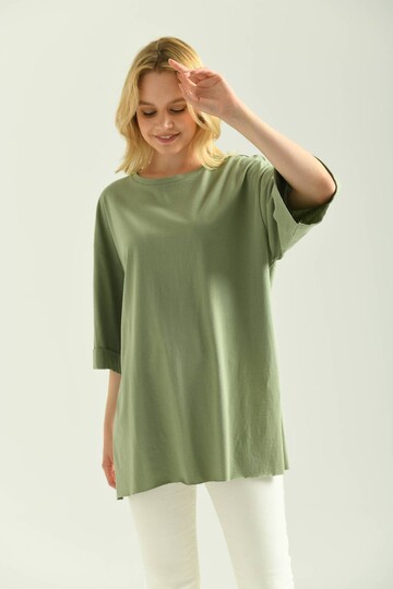 Mint Double Sleeve Wide Cut Asymmetrical Slit Knitted T-Shirt