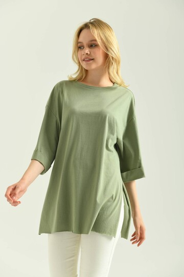 Mint Double Sleeve Wide Cut Asymmetrical Slit Knitted T-Shirt