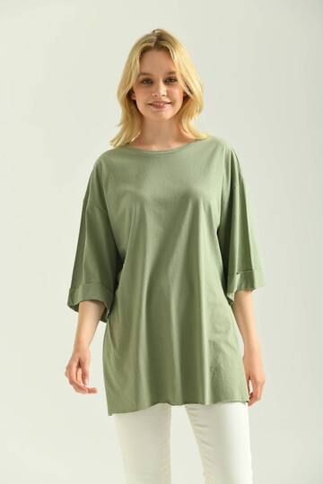 Mint Double Sleeve Wide Cut Asymmetrical Slit Knitted T-Shirt