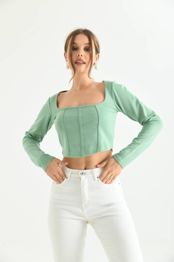 Mint Front Stripe Detailed Square Neck Crop Blouse