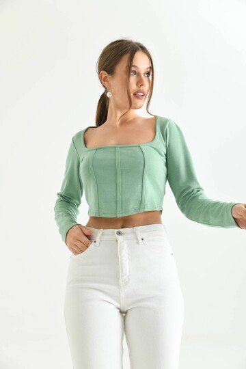 Mint Front Stripe Detailed Square Neck Crop Blouse