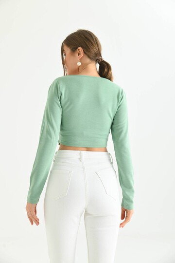 Mint Front Stripe Detailed Square Neck Crop Blouse
