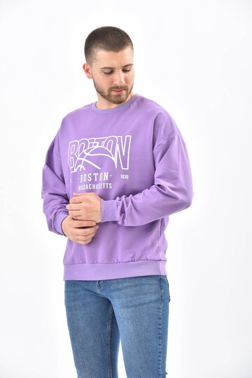 Mor Bisiklet Yaka Baskılı Sweatshirt